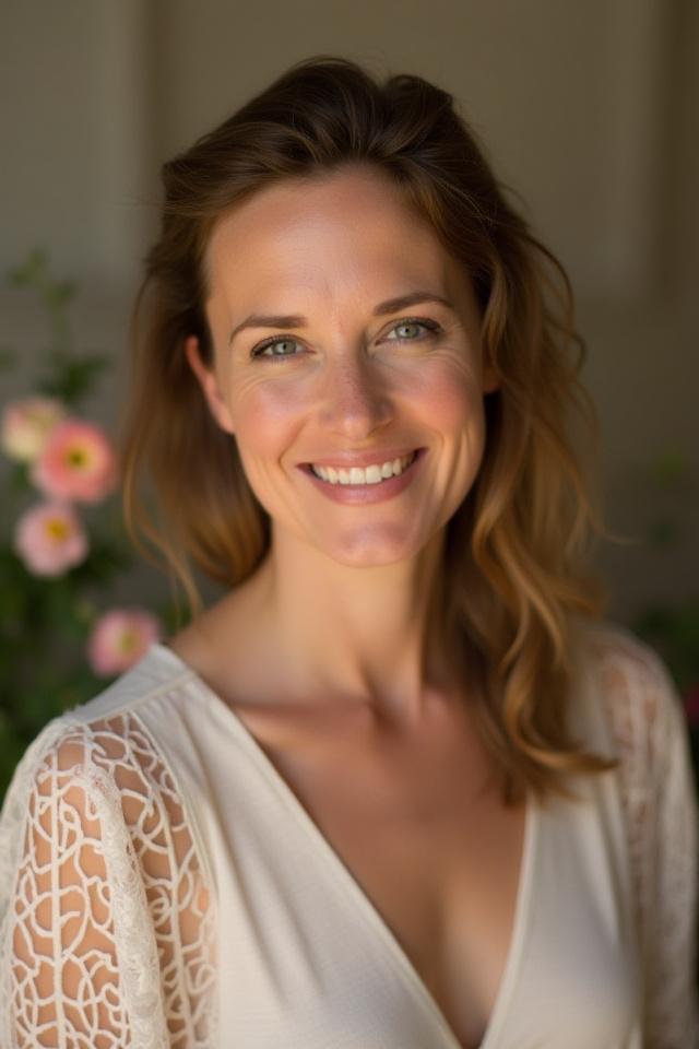 Portrait professionnel de la fondatrice, Alice Dubois, souriante parmi des arrangements floraux.