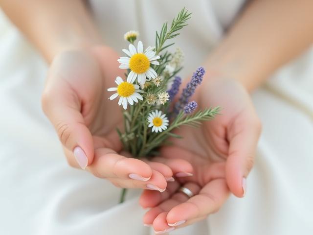 Mains féminines tenant un bouquet de fleurs fraîches, composition minimaliste