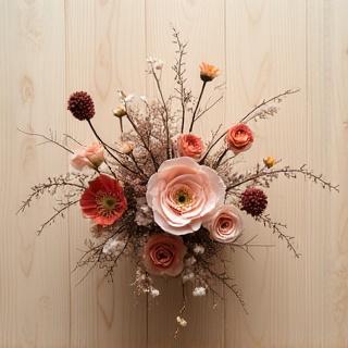 Photographie aérienne d'une composition florale moderne sur une table en bois